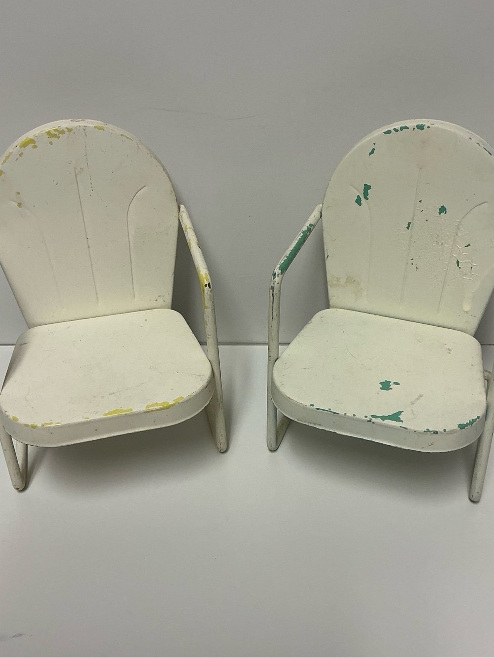Vintage Salesman Sample Metal Lawn Chairs Clam Shell Set of 2 for Dolls or Decor